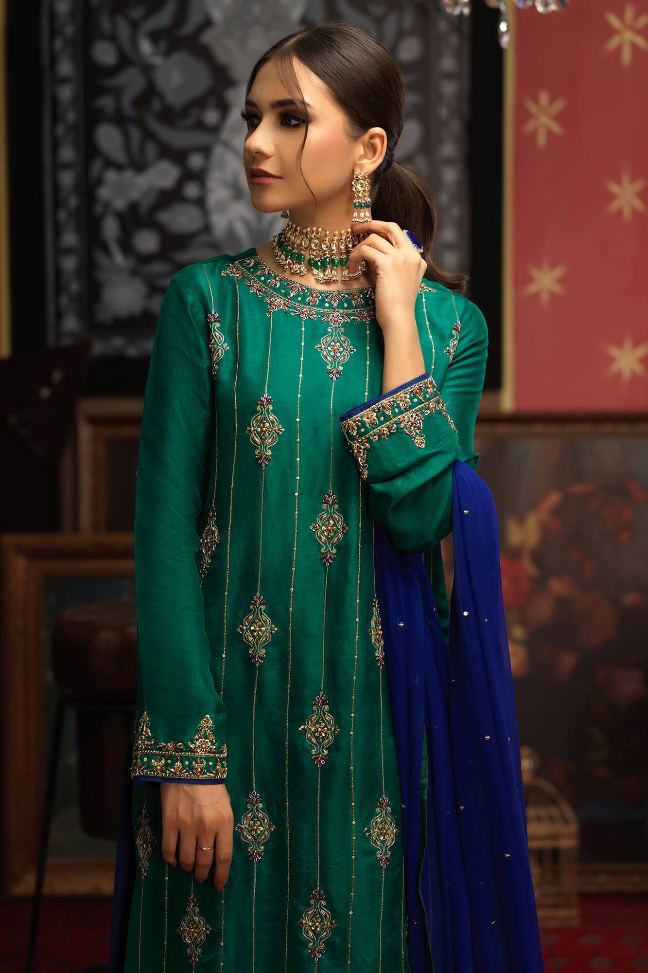 Emerald Green Zari Zardozi PK Raw Silk Salwar Kameez (3-Piece) - Image 1