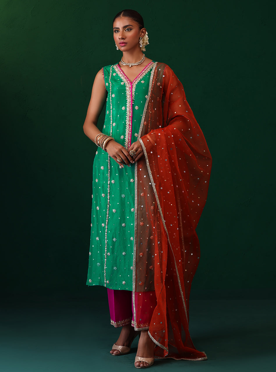 Green Embellished Rawsilk & Organza Kurta Set (3-Piece) - Image 1