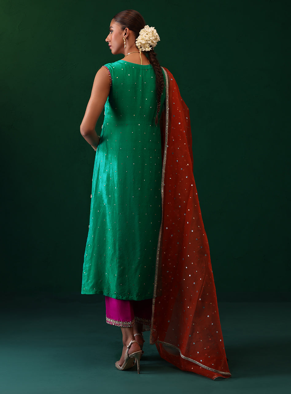 Green Embellished Rawsilk & Organza Kurta Set (3-Piece) - Image 2
