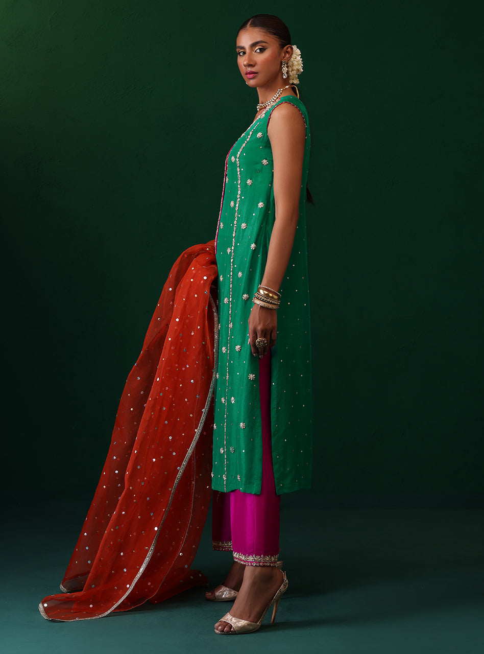 Green Embellished Rawsilk & Organza Kurta Set (3-Piece) - Image 7