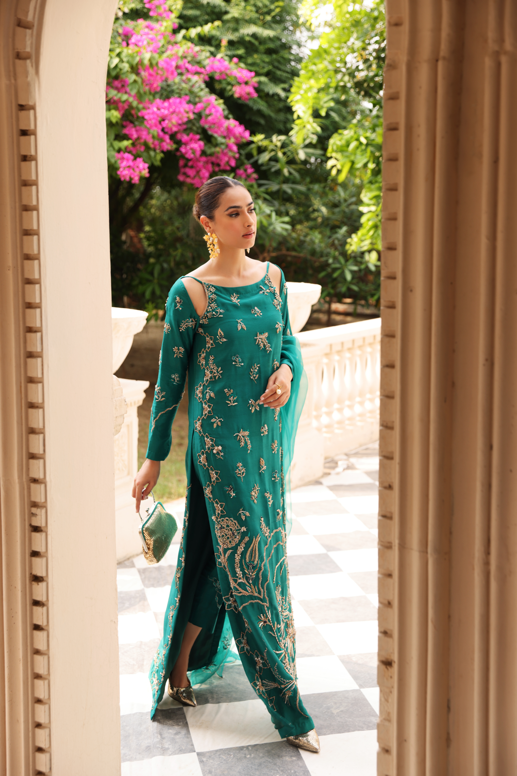 Pakistani Emerald Hand-Embellished Rawsilk Salwar Kameez (3-Piece) - Image 1