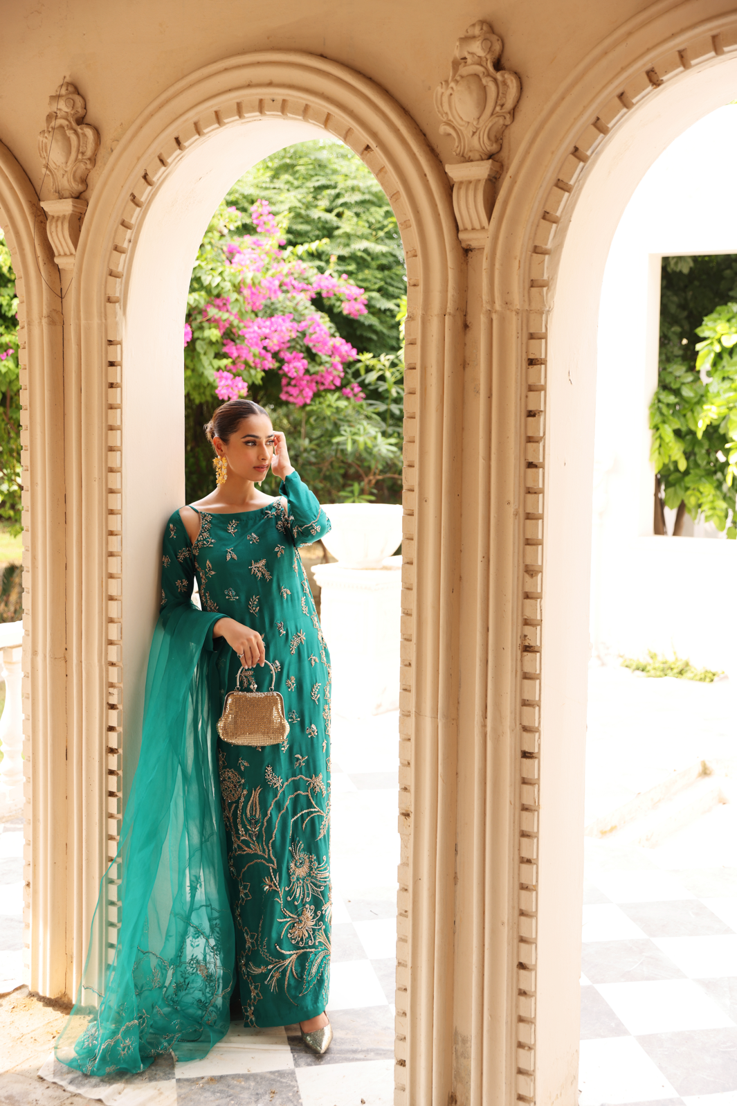 Pakistani Emerald Hand-Embellished Rawsilk Salwar Kameez (3-Piece) - Image 3