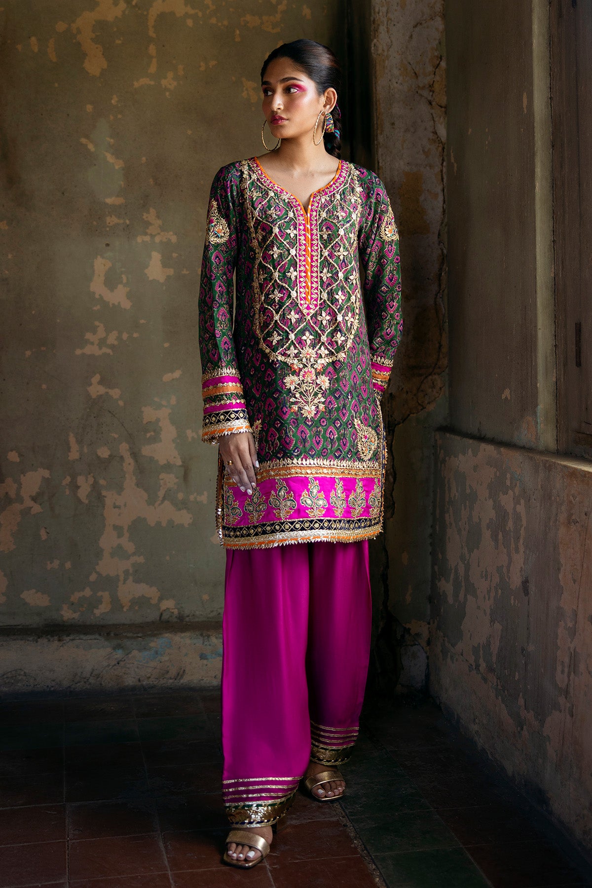 Pakistani Green Block Printed Grip Kameez & Pink Satin Silk Shalwar (2-Piece) - Image 1