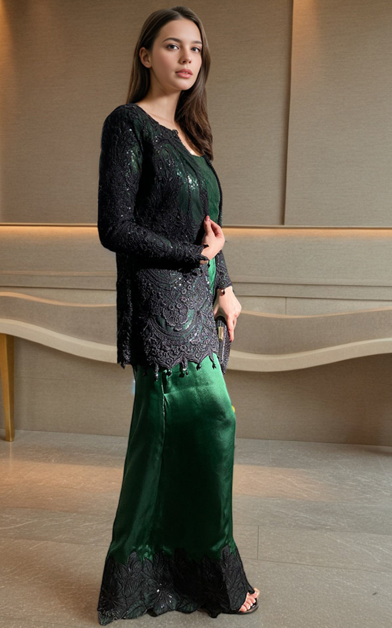 Emerald Green Embroidered Satin Salwar Kameez (2-Piece) - Image 1