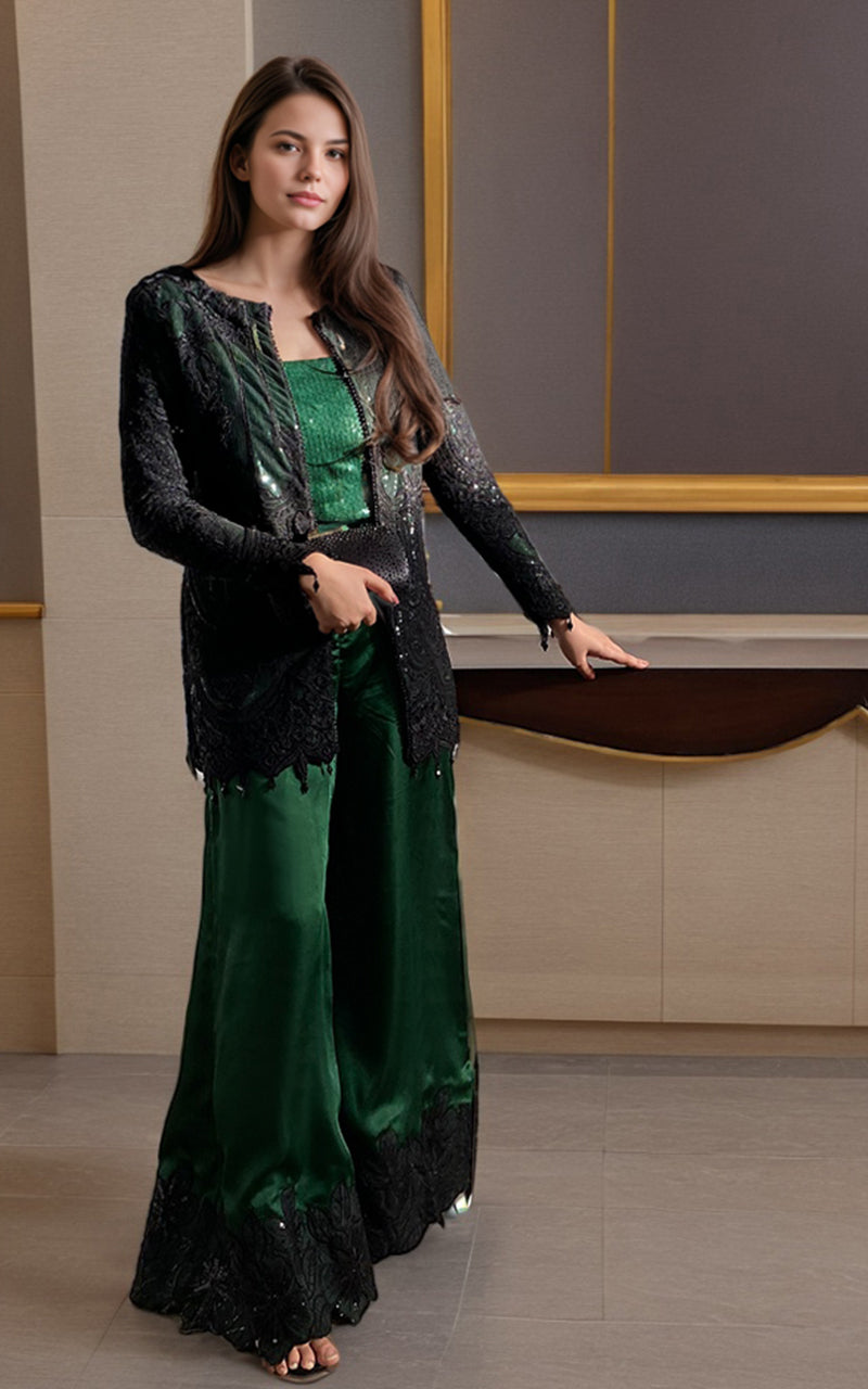 Emerald Green Embroidered Satin Salwar Kameez (2-Piece) - Image 2