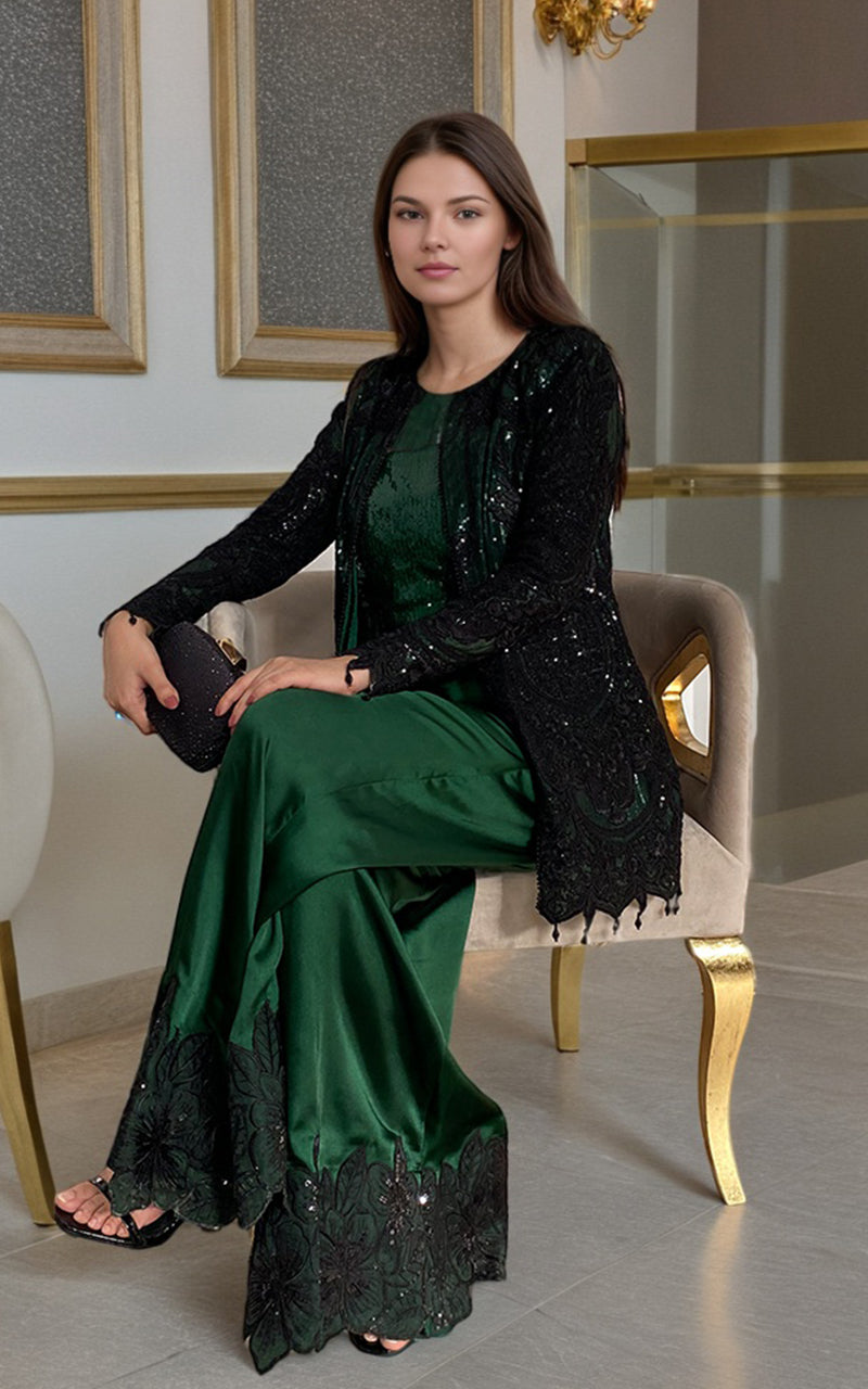 Emerald Green Embroidered Satin Salwar Kameez (2-Piece) - Image 4
