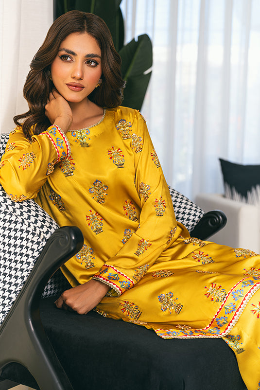 Pakistani Dhaani Embroidered Shamos Silk Salwar Kameez (2-Piece) - Image 6