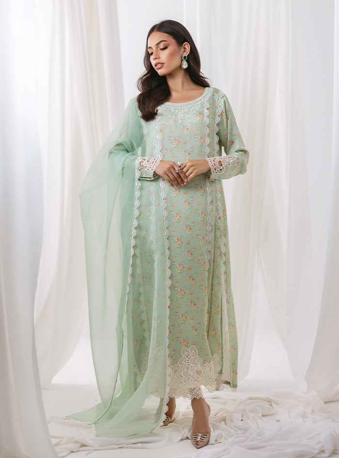 Pastel Green Embroidered Shamose Salwar Kameez (3-Piece) - Image 3