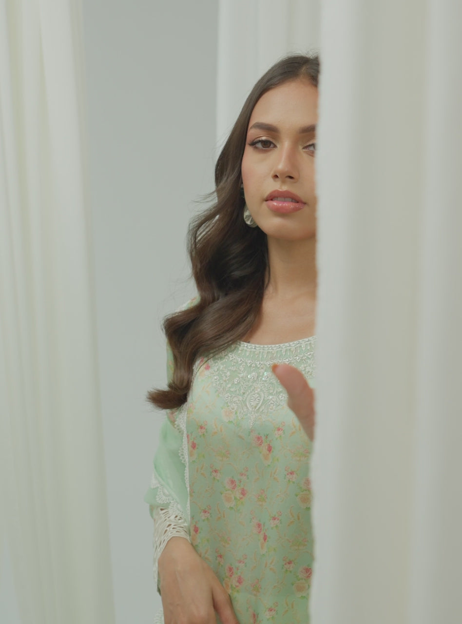 Pastel Green Embroidered Shamose Salwar Kameez (3-Piece) - Image 6