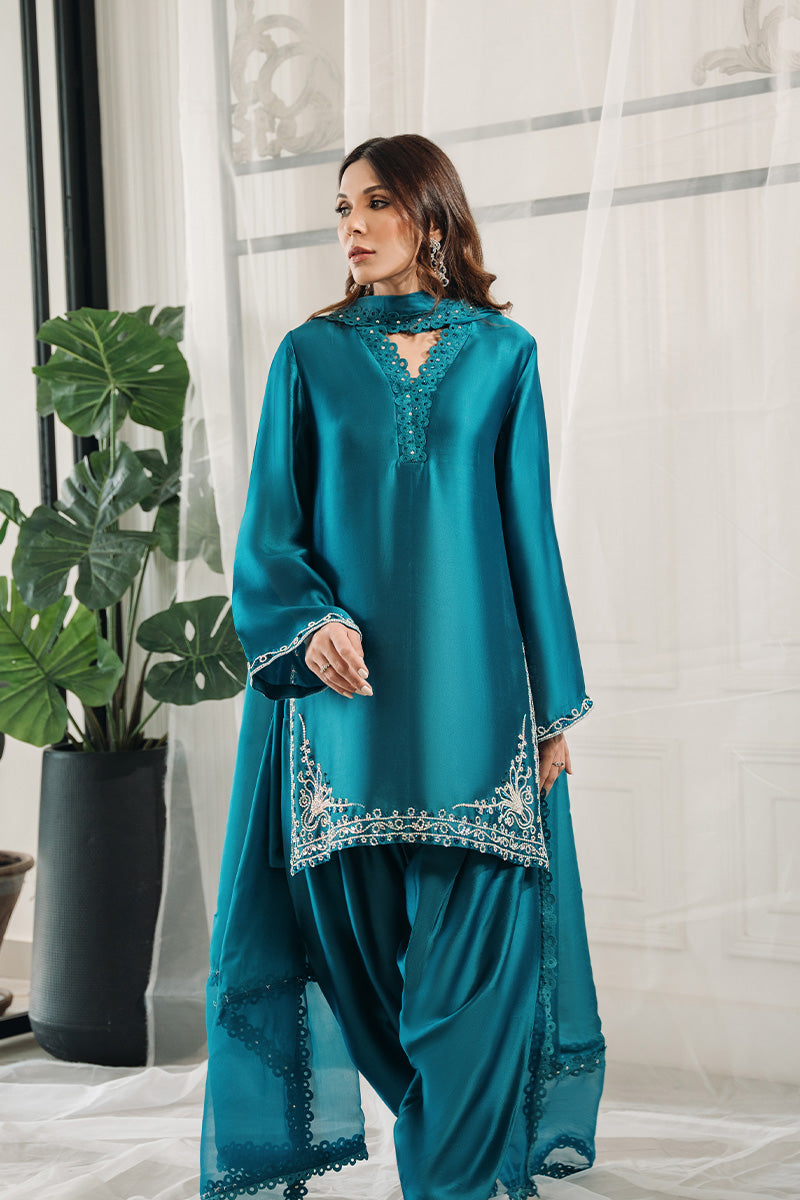 Teal Swarovski Sheesha Silk Salwar Kameez (3-Piece) - Image 1