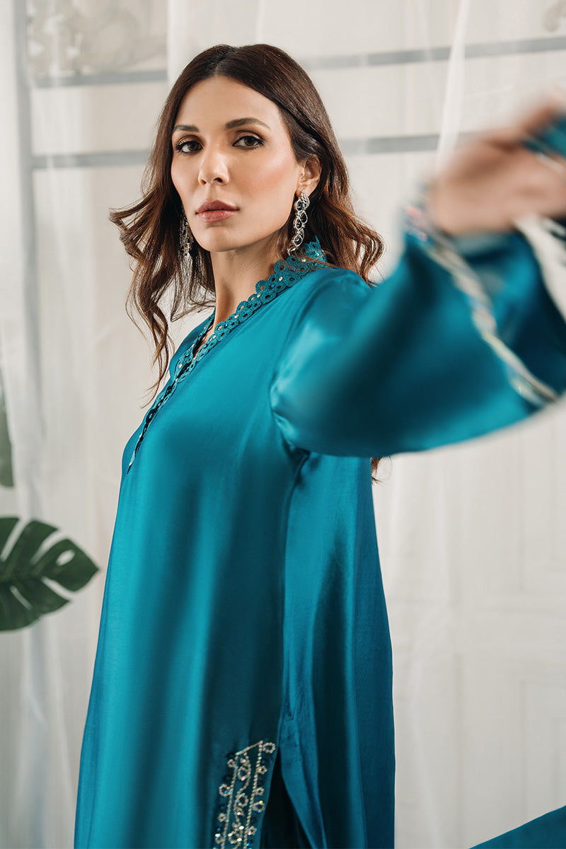 Teal Swarovski Sheesha Silk Salwar Kameez (3-Piece) - Image 5