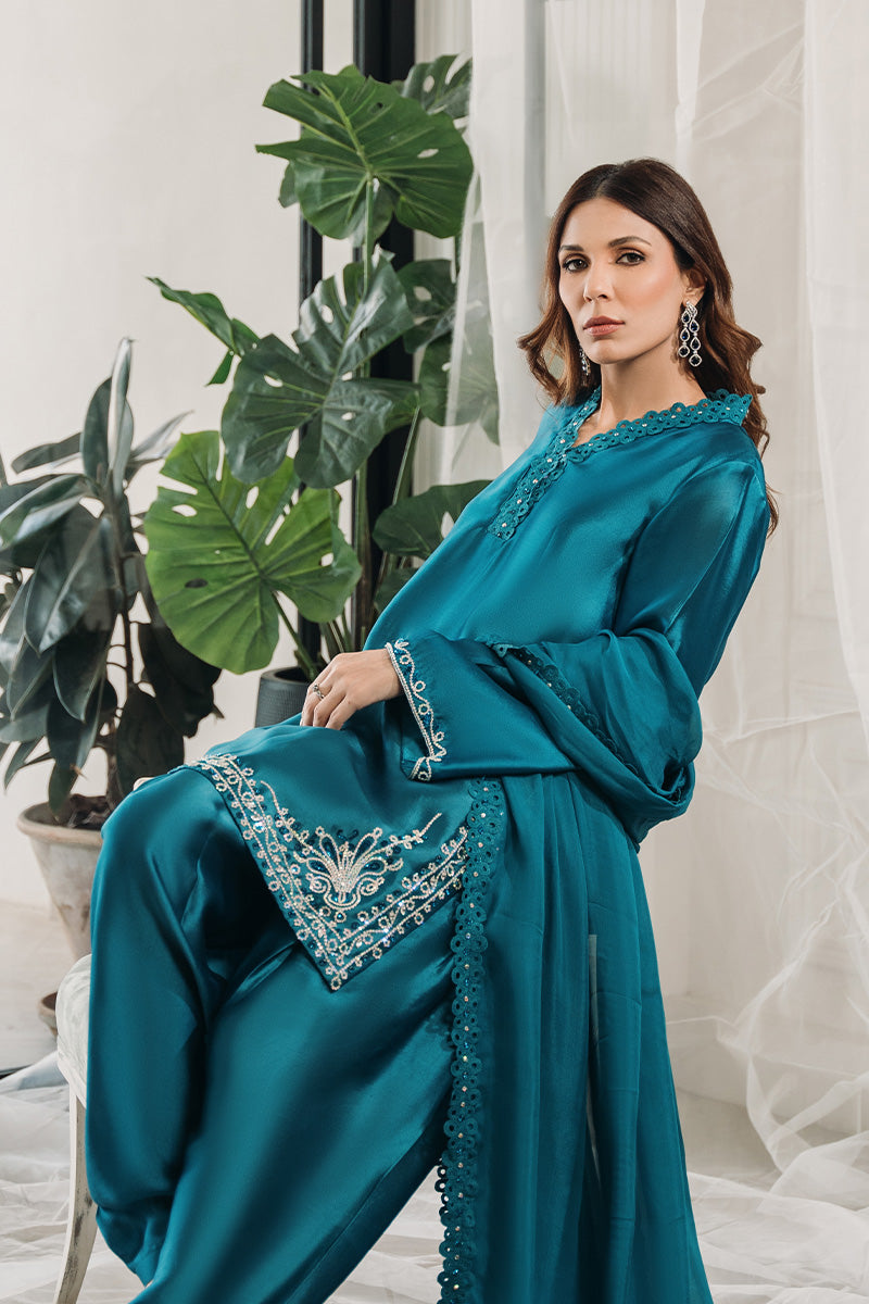 Teal Swarovski Sheesha Silk Salwar Kameez (3-Piece) - Image 6
