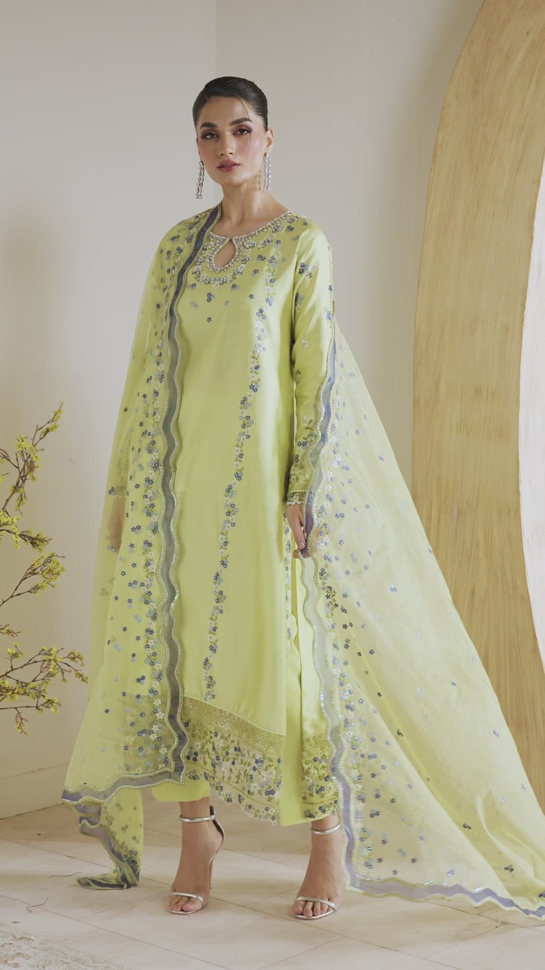Lime Green Embroidered Sheesha Silk Salwar Kameez (3-Piece) - Image 9