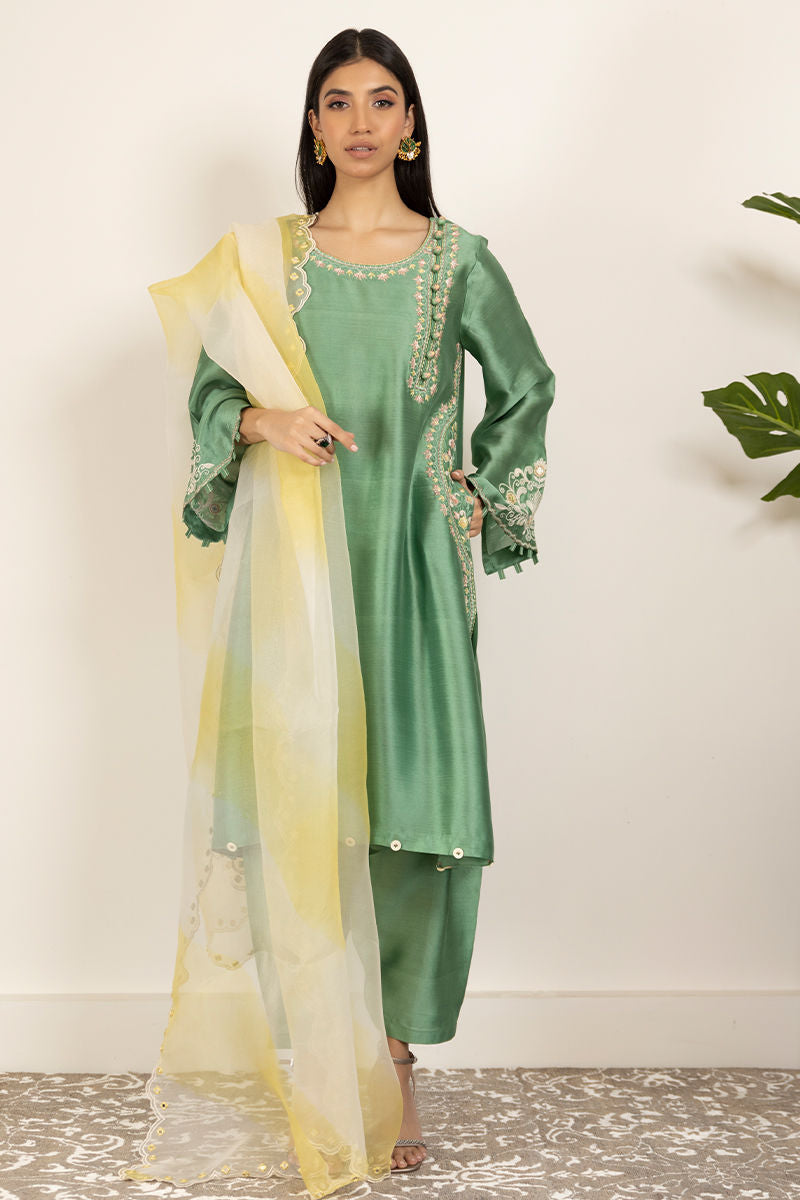 Pakistani Sheen Green Embroidered Sheesha Silk Salwar Kameez (3-Piece) - Image 1