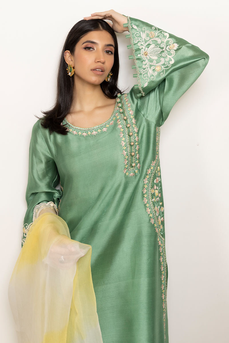Pakistani Sheen Green Embroidered Sheesha Silk Salwar Kameez (3-Piece) - Image 3