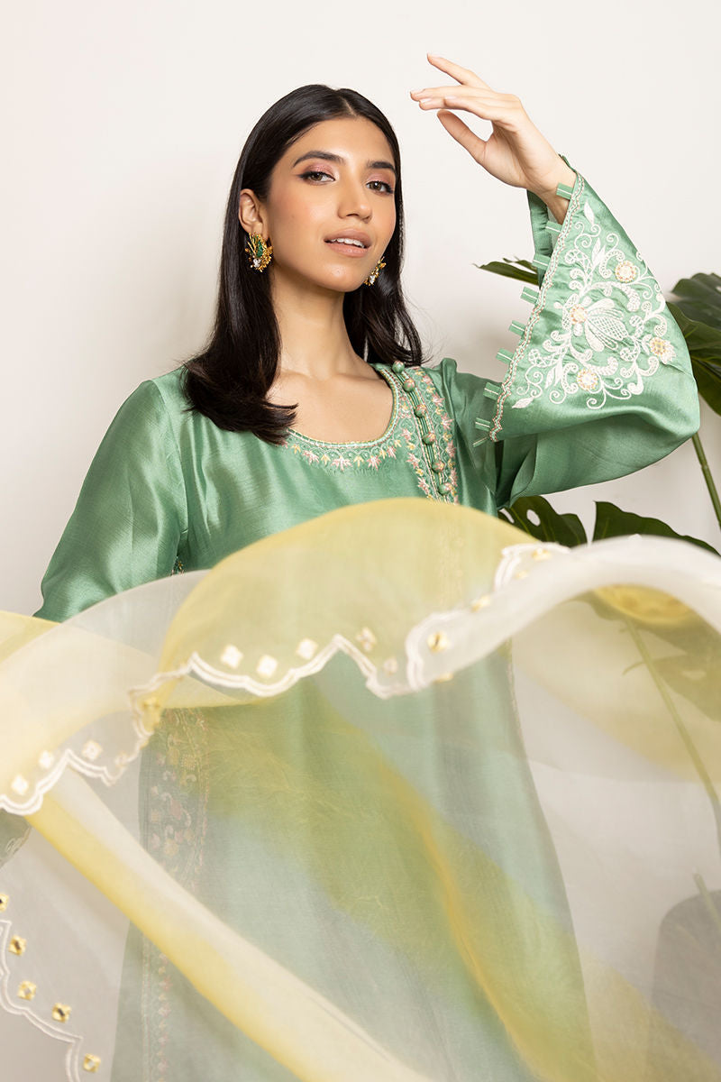 Pakistani Sheen Green Embroidered Sheesha Silk Salwar Kameez (3-Piece) - Image 4