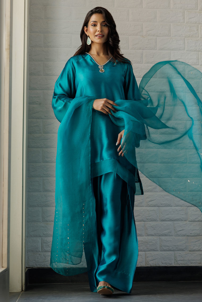 Emerald Embellished Sheesha Silk Farshi Shalwar (3-Piece) - Image 1