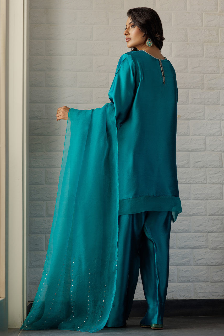 Emerald Embellished Sheesha Silk Farshi Shalwar (3-Piece) - Image 3