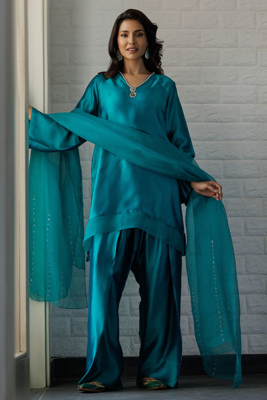 Emerald Embellished Sheesha Silk Farshi Shalwar (3-Piece) - Image 4