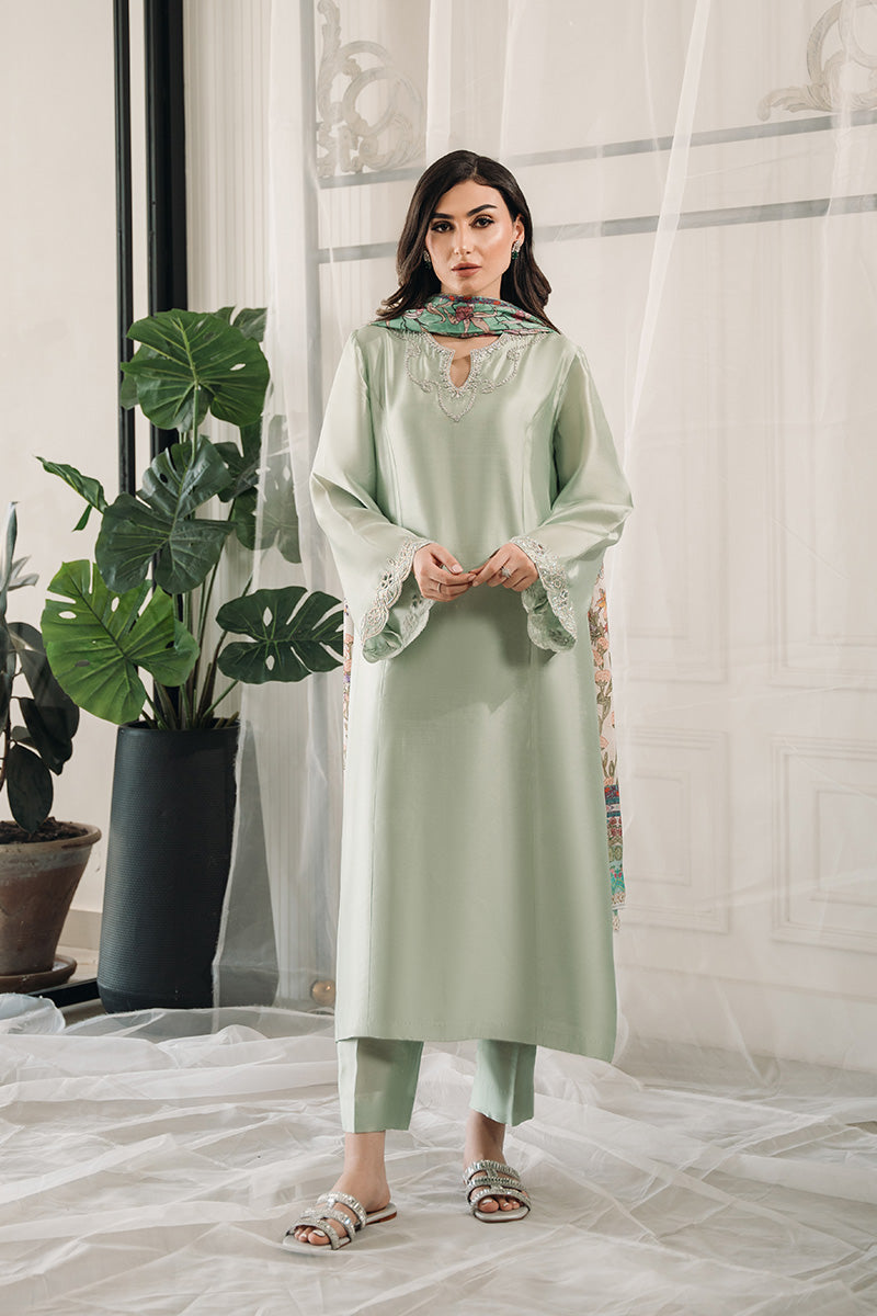 Pakistani Mint Green Swarovski Sheesha Silk Salwar Kameez (3-Piece) - Image 1