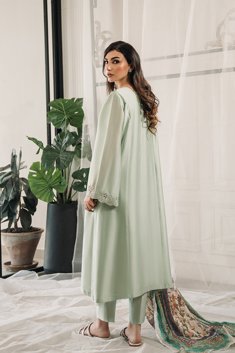 Pakistani Mint Green Swarovski Sheesha Silk Salwar Kameez (3-Piece) - Image 2