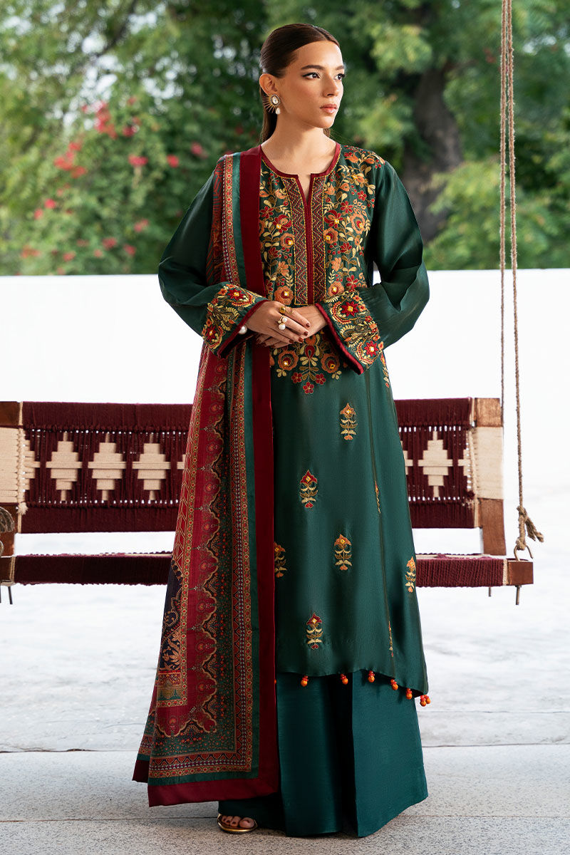 Bottle Green Embroidered Sheesha Silk Salwar Kameez (3-Piece) - Image 1