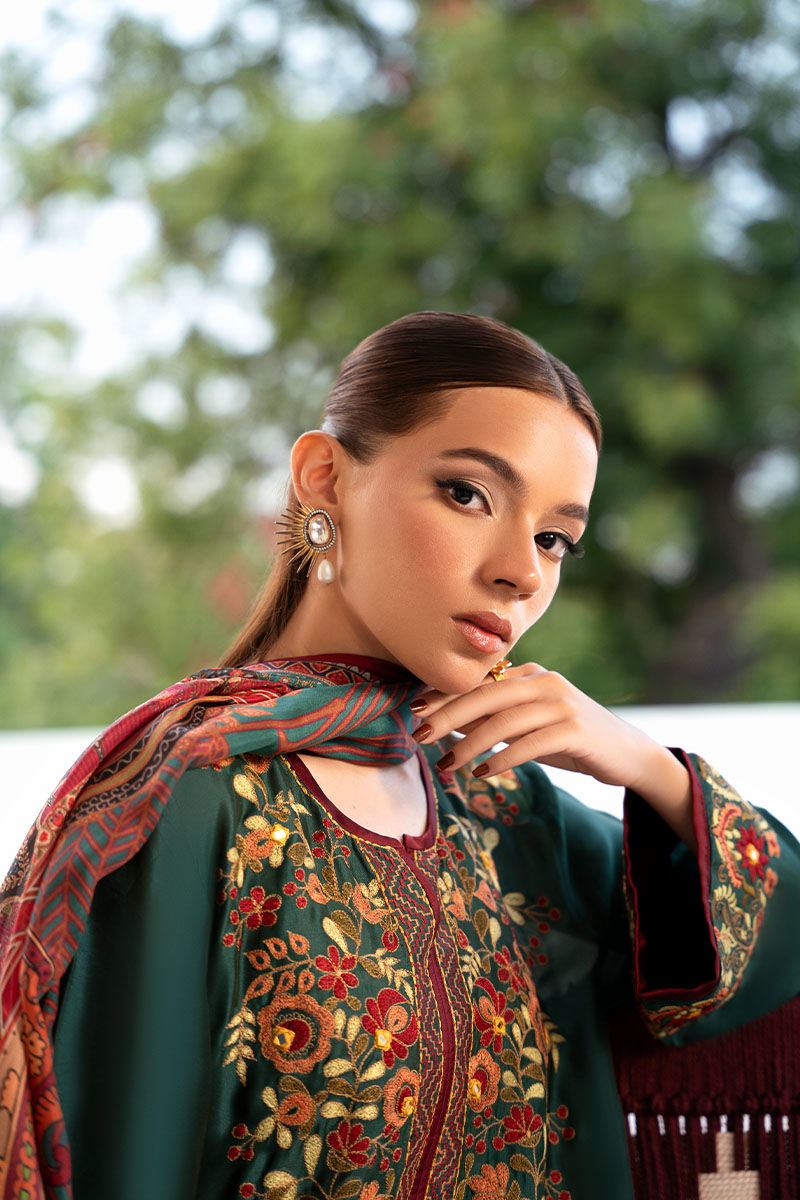 Bottle Green Embroidered Sheesha Silk Salwar Kameez (3-Piece) - Image 2