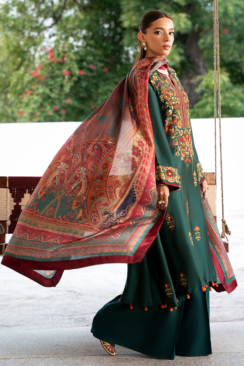 Bottle Green Embroidered Sheesha Silk Salwar Kameez (3-Piece) - Image 3