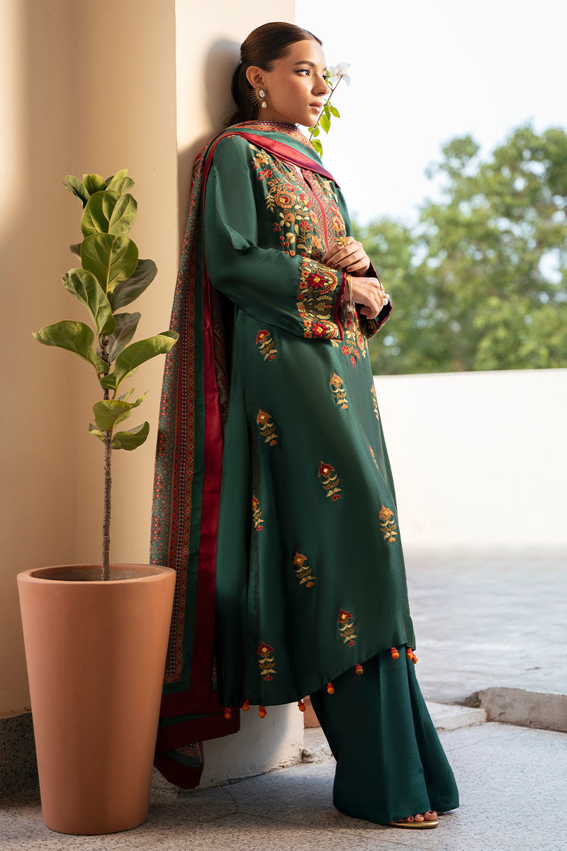 Bottle Green Embroidered Sheesha Silk Salwar Kameez (3-Piece) - Image 5