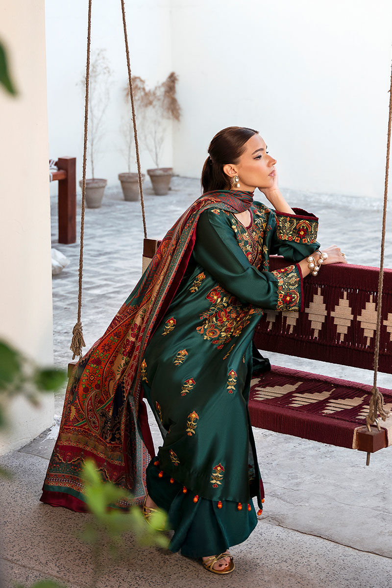 Bottle Green Embroidered Sheesha Silk Salwar Kameez (3-Piece) - Image 6