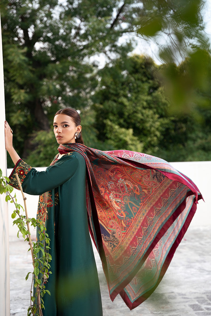 Bottle Green Embroidered Sheesha Silk Salwar Kameez (3-Piece) - Image 7