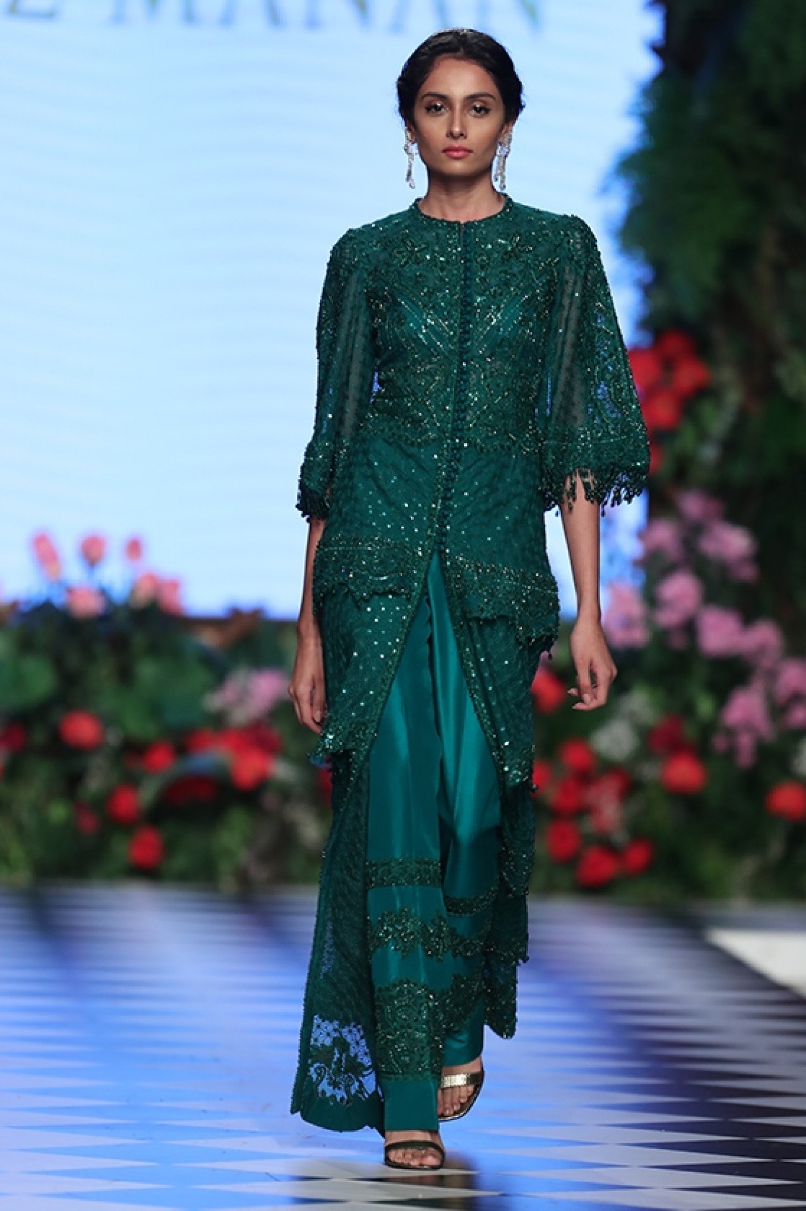 Emerald Green Embellished Net Silk-Blend Salwar Kameez (2-Piece) - Image 1