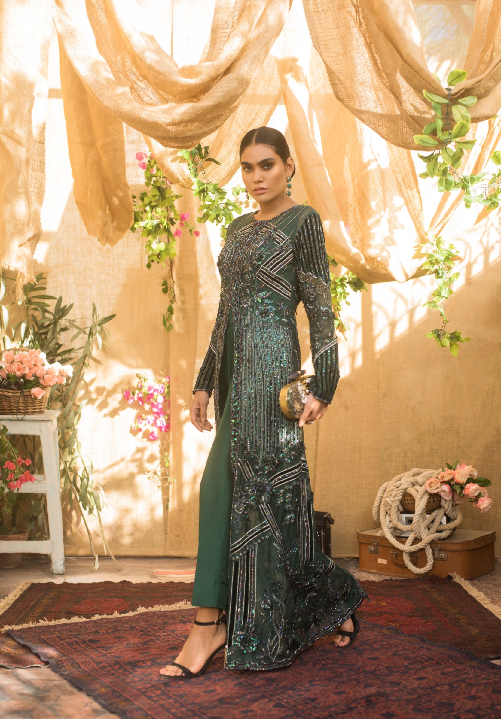 Deep Emerald Green Beaded Silk-Blend Long Jacket (2-Piece) - Image 2