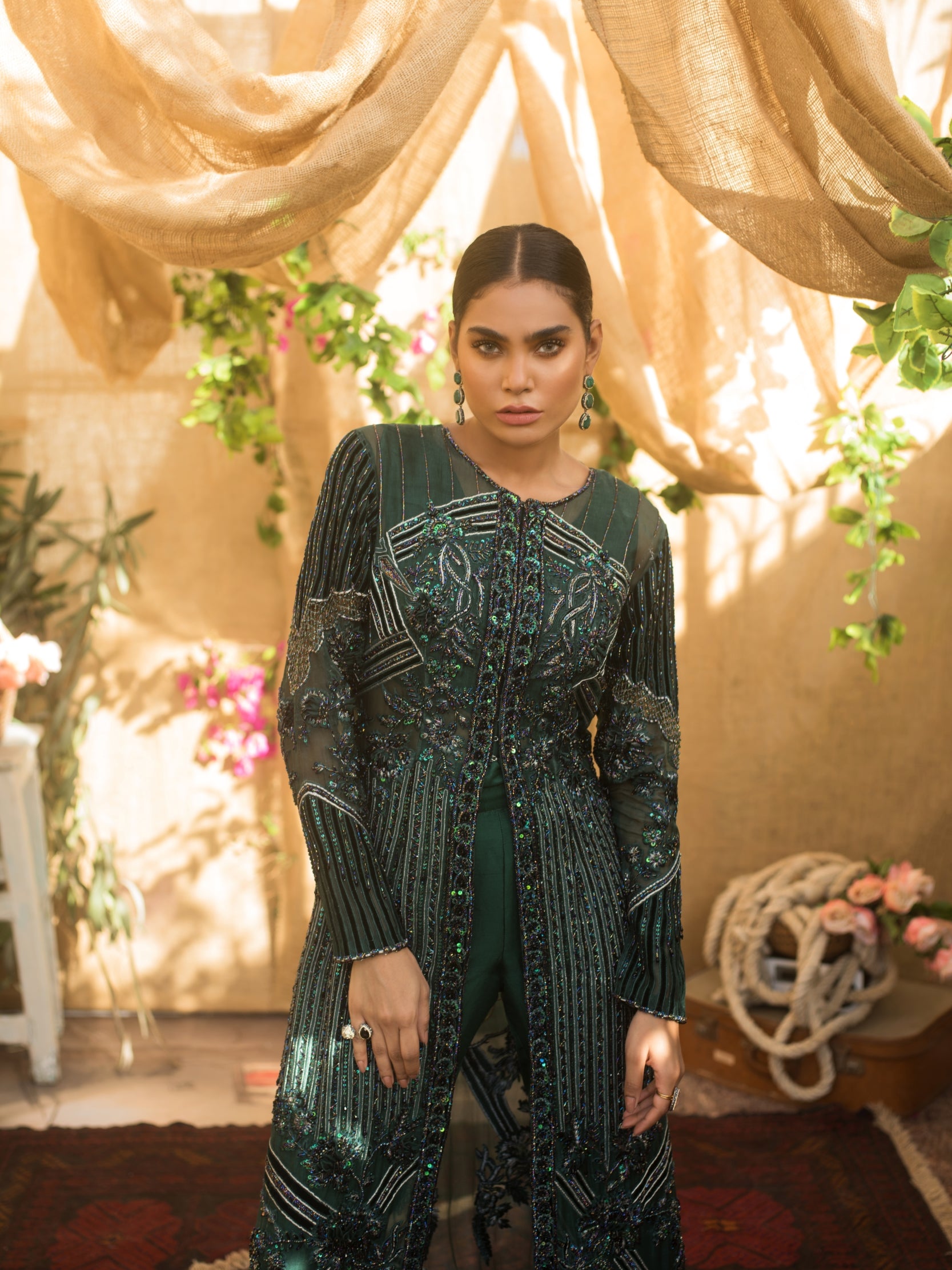 Deep Emerald Green Beaded Silk-Blend Long Jacket (2-Piece) - Image 3