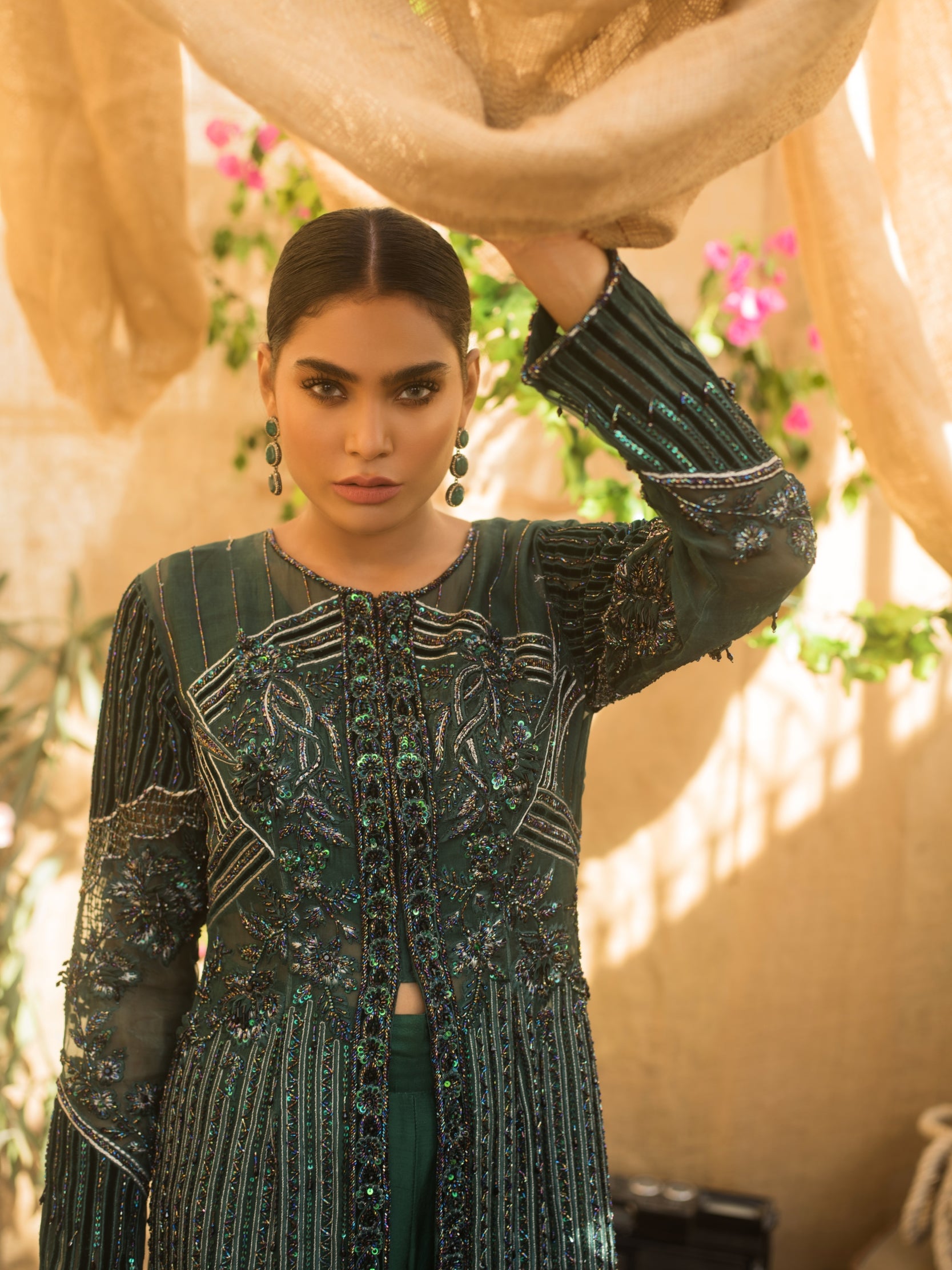 Deep Emerald Green Beaded Silk-Blend Long Jacket (2-Piece) - Image 4