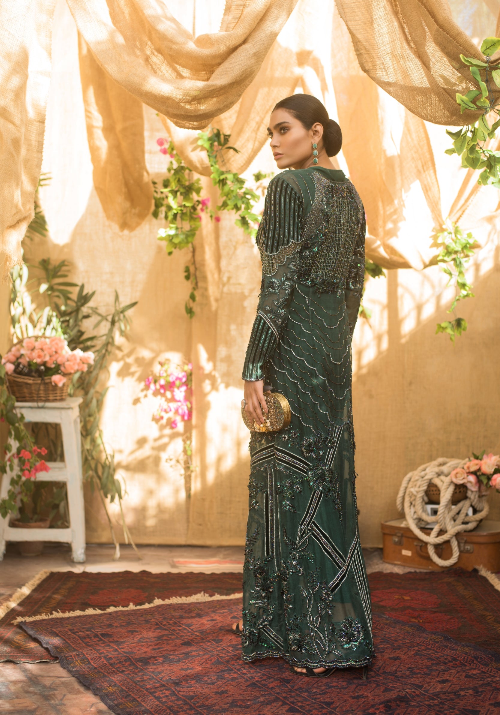 Deep Emerald Green Beaded Silk-Blend Long Jacket (2-Piece) - Image 5