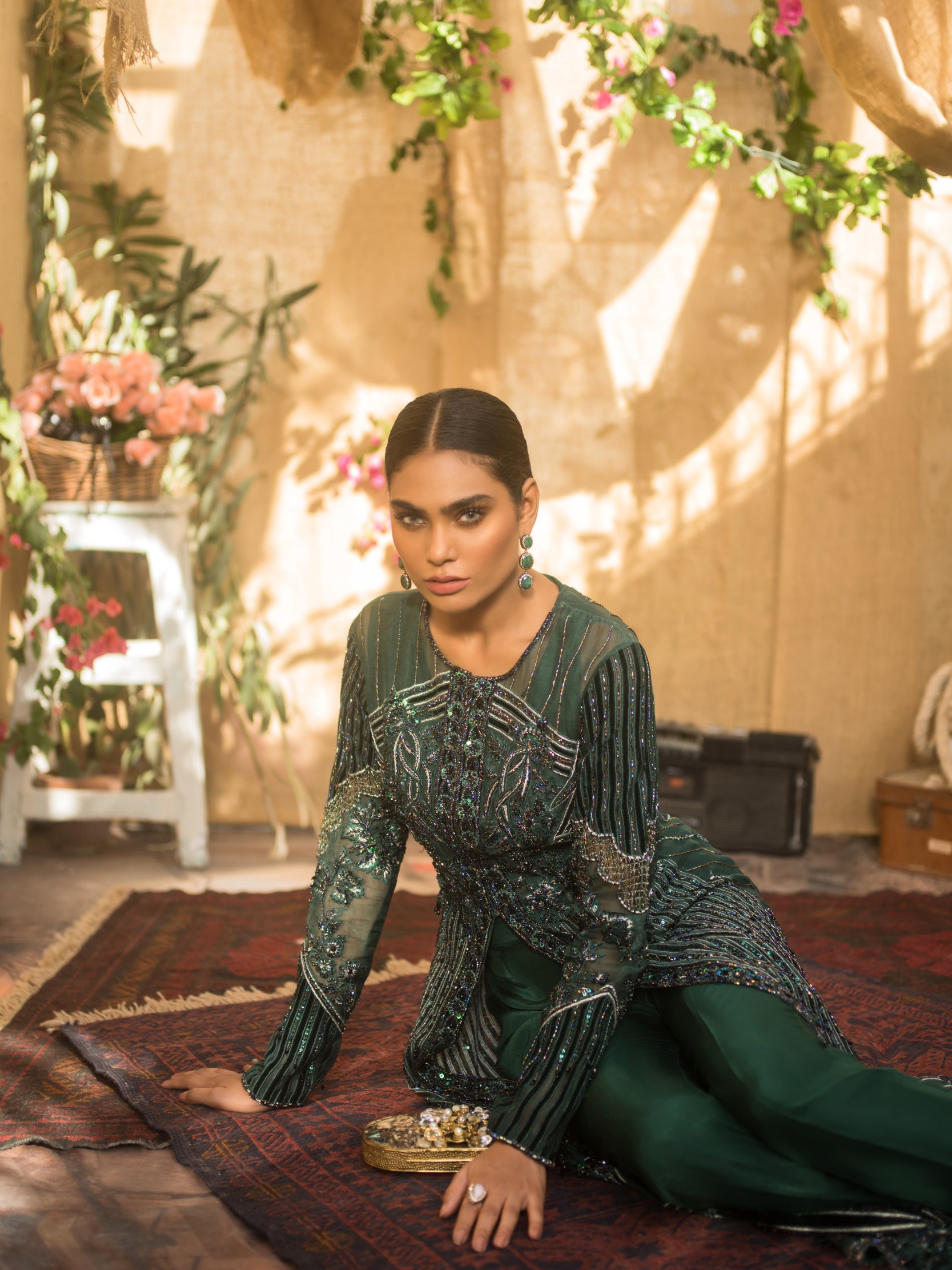 Deep Emerald Green Beaded Silk-Blend Long Jacket (2-Piece) - Image 6