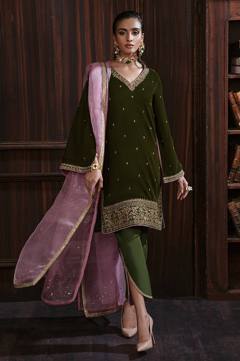 Pakistani Olive Green Embroidered Silk-Blend Salwar Kameez (3-Piece) - Image 1