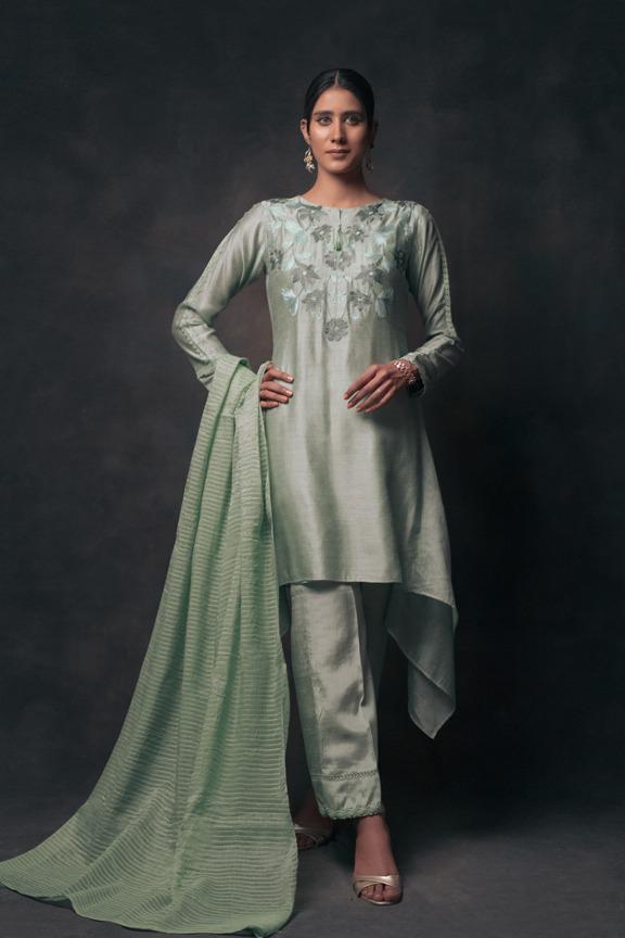 Pakistani Pastel Green Embroidered Silk-Blend Salwar Kameez (3-Piece) - Image 1