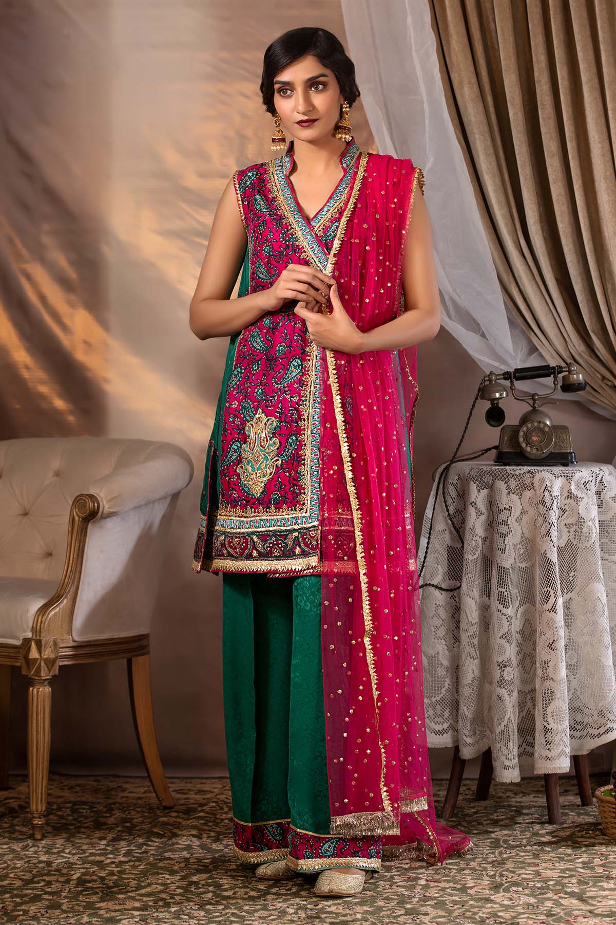 Red Mukesh Net Dupatta with Kiran Edging (3-Piece) - Image 1