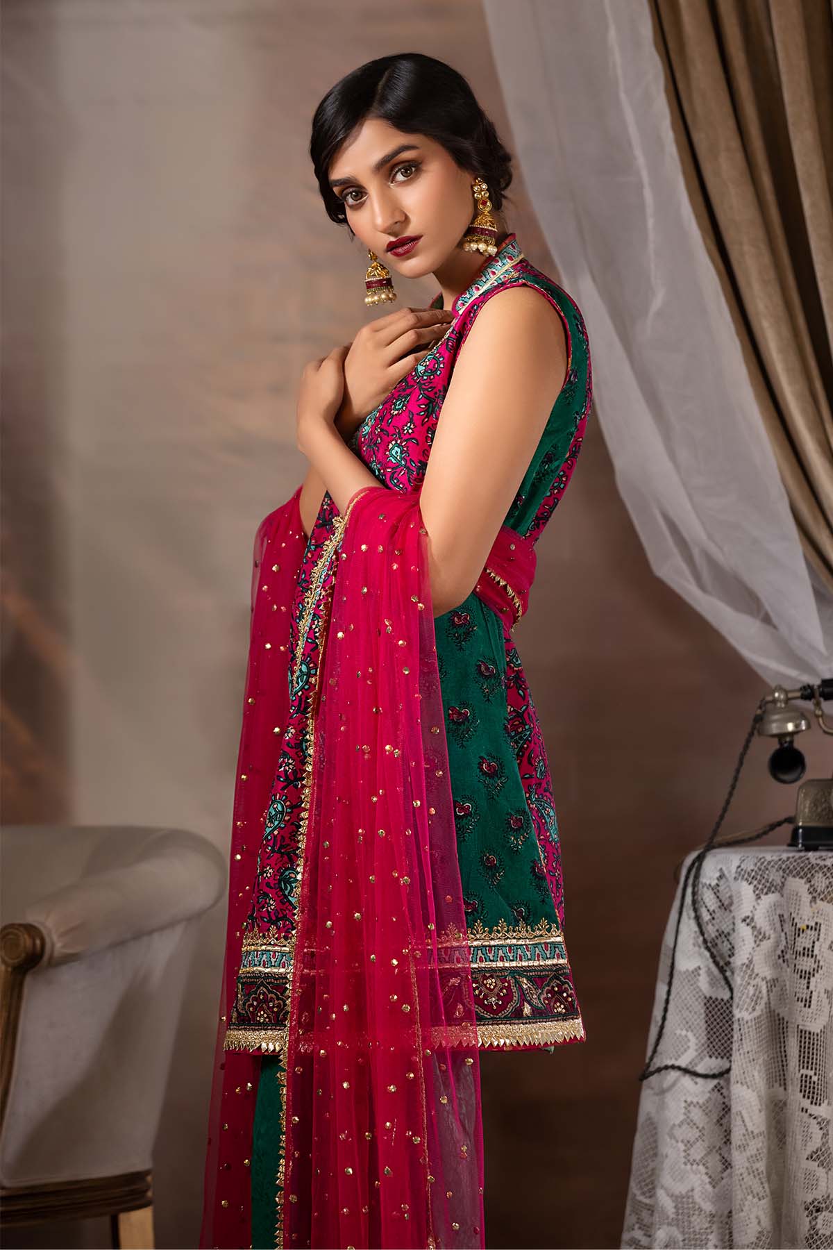 Red Mukesh Net Dupatta with Kiran Edging (3-Piece) - Image 2