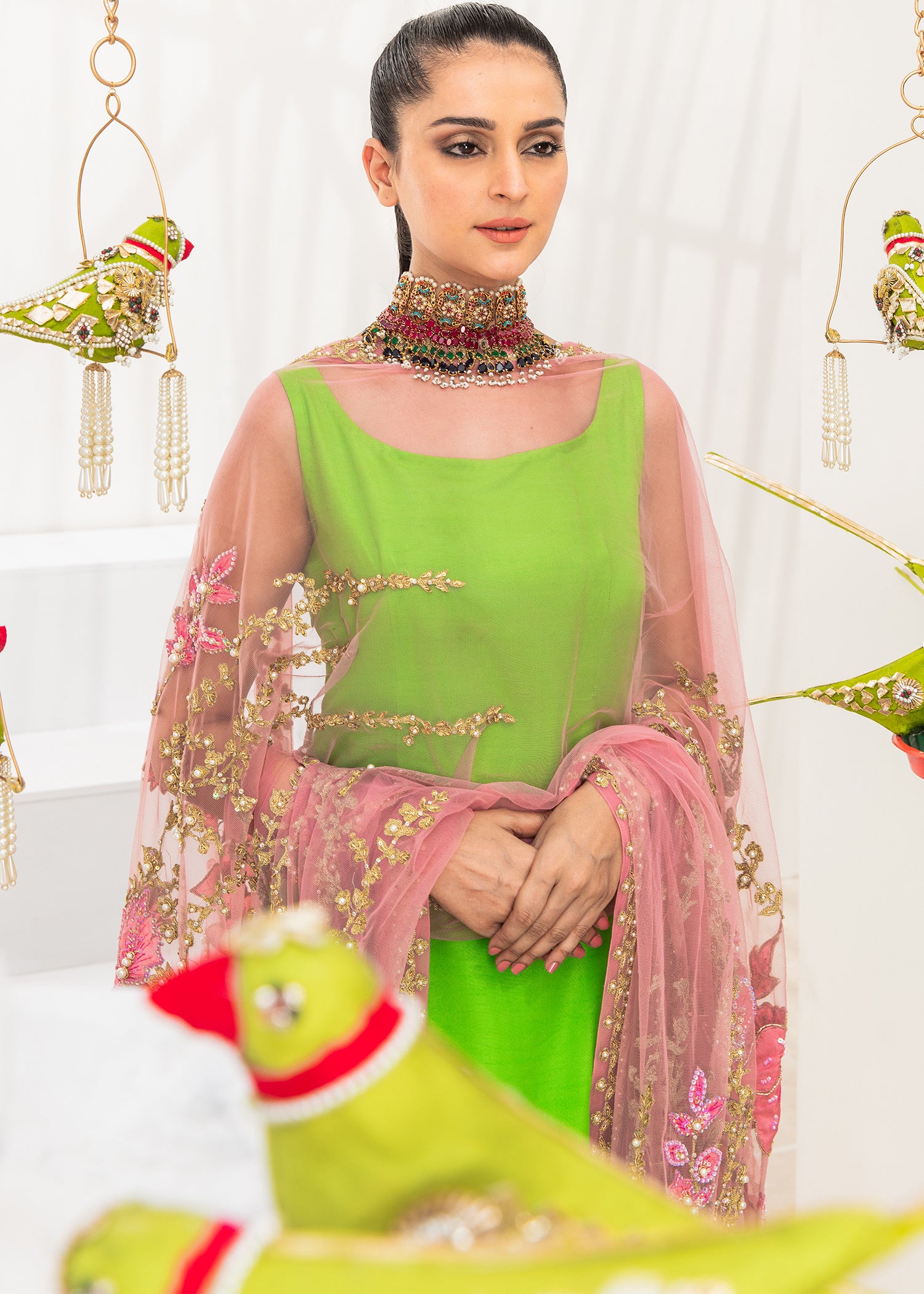 Pakistani Parrot Green Embroidered Silk-Blend Salwar Kameez (3-Piece) - Image 2