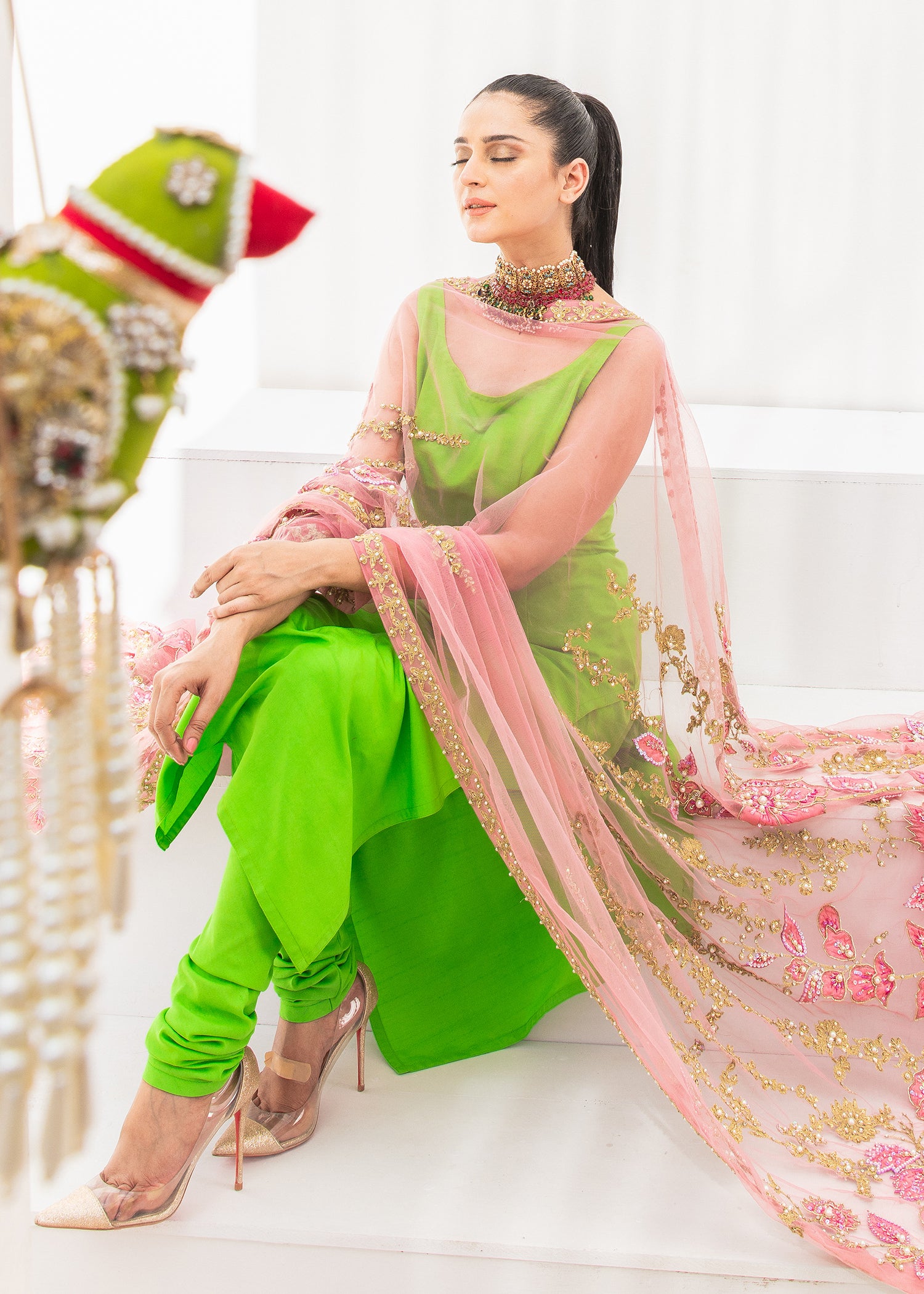 Pakistani Parrot Green Embroidered Silk-Blend Salwar Kameez (3-Piece) - Image 3