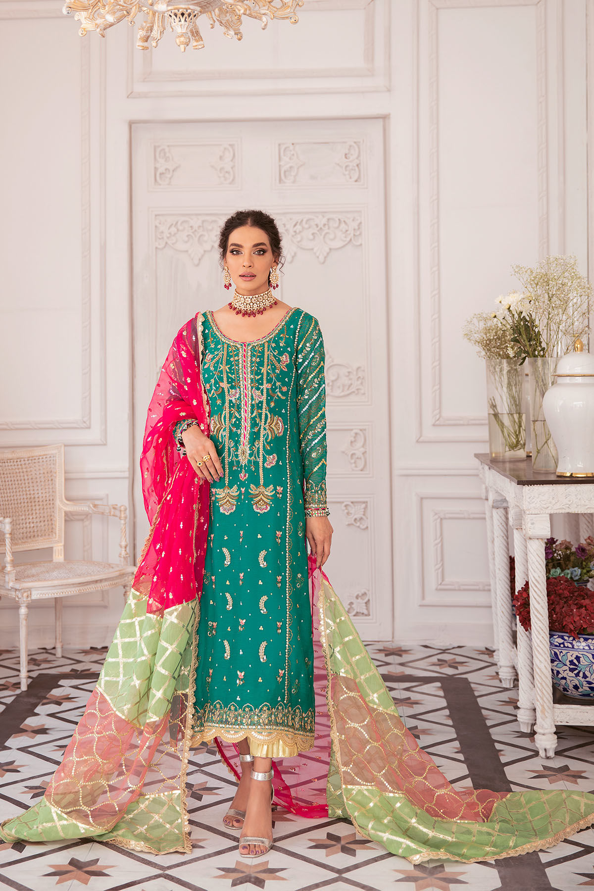 Green Hand Block Printed Silk-Blend Salwar Kameez (3-Piece) - Image 1