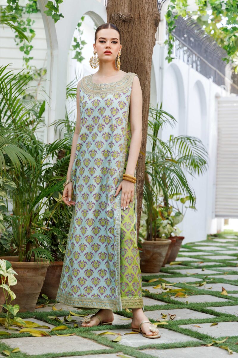 Pakistani Sea Green Block Printed Silk Kurta Set (2-Piece) - Image 1