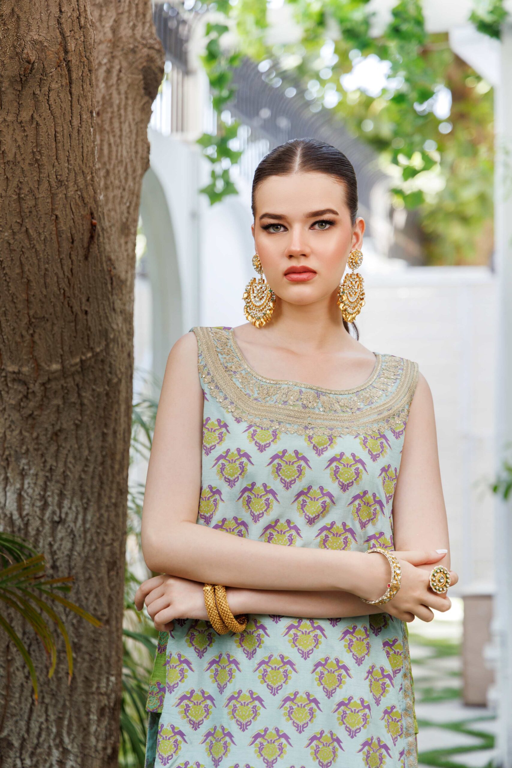 Pakistani Sea Green Block Printed Silk Kurta Set (2-Piece) - Image 5