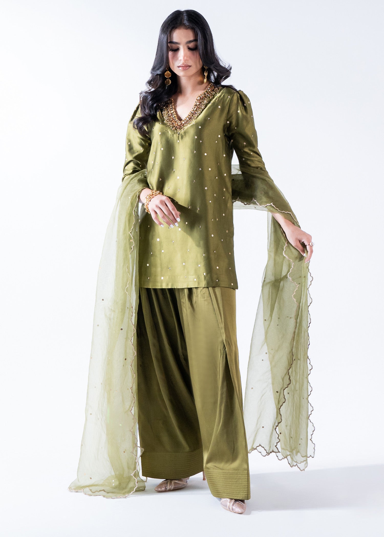 Olive Green Crystal Embellished Pure Silk Shalwar Suit (3-Piece) - Image 1