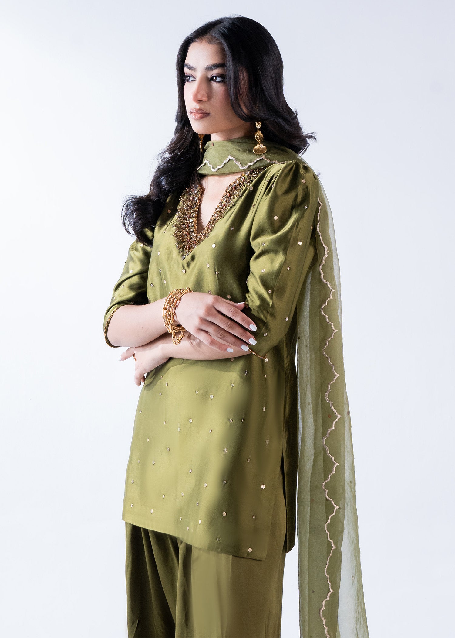 Olive Green Crystal Embellished Pure Silk Shalwar Suit (3-Piece) - Image 2