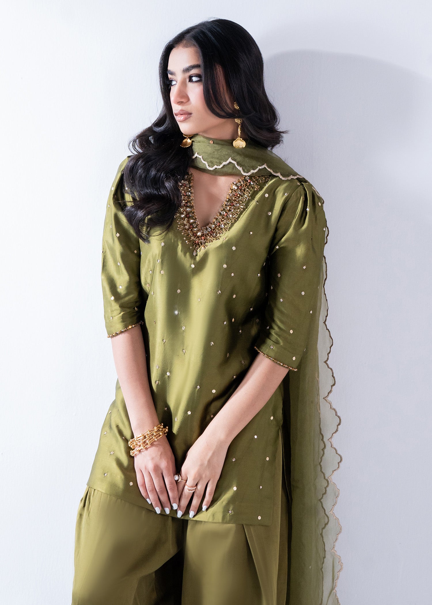 Olive Green Crystal Embellished Pure Silk Shalwar Suit (3-Piece) - Image 3