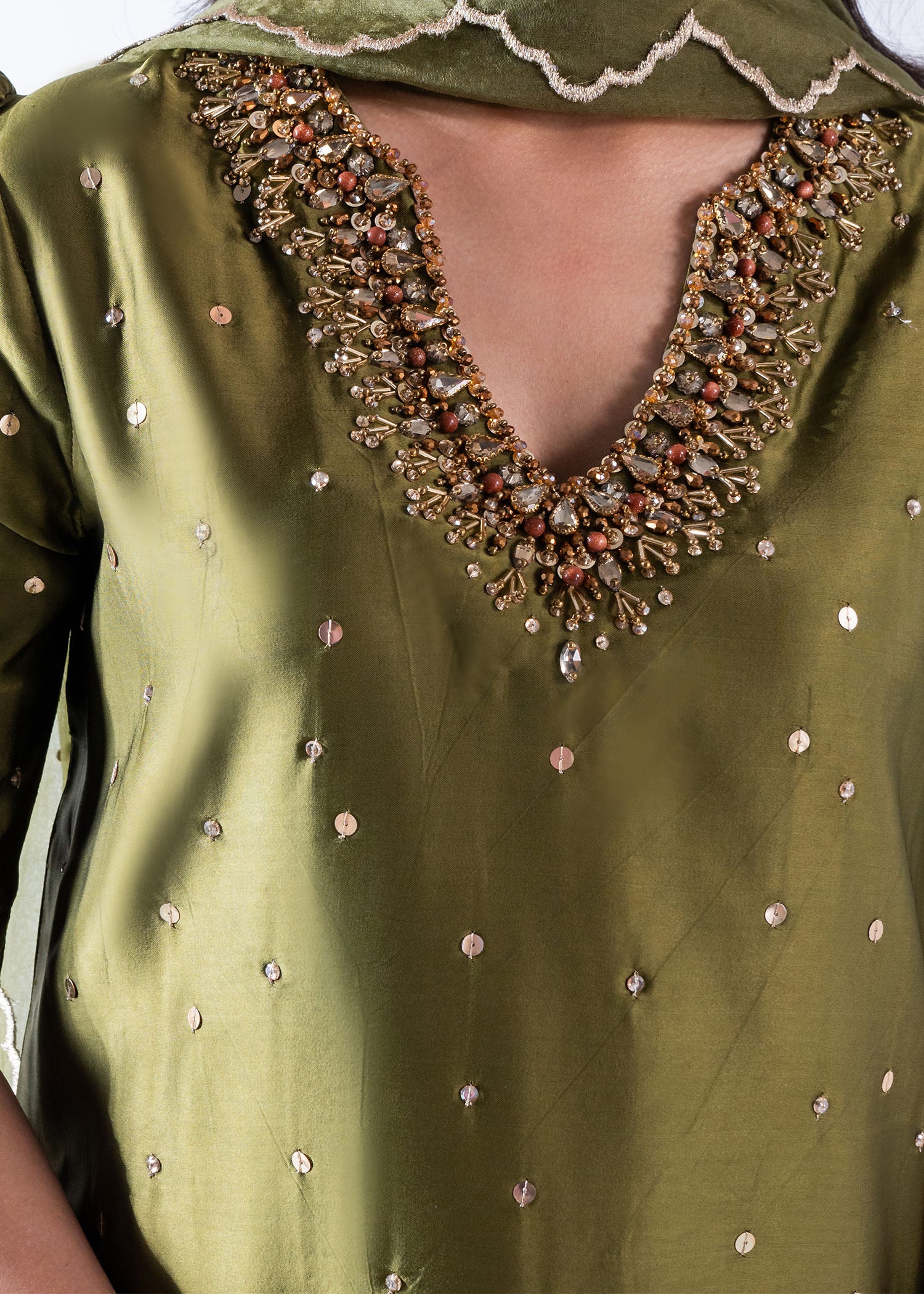 Olive Green Crystal Embellished Pure Silk Shalwar Suit (3-Piece) - Image 4